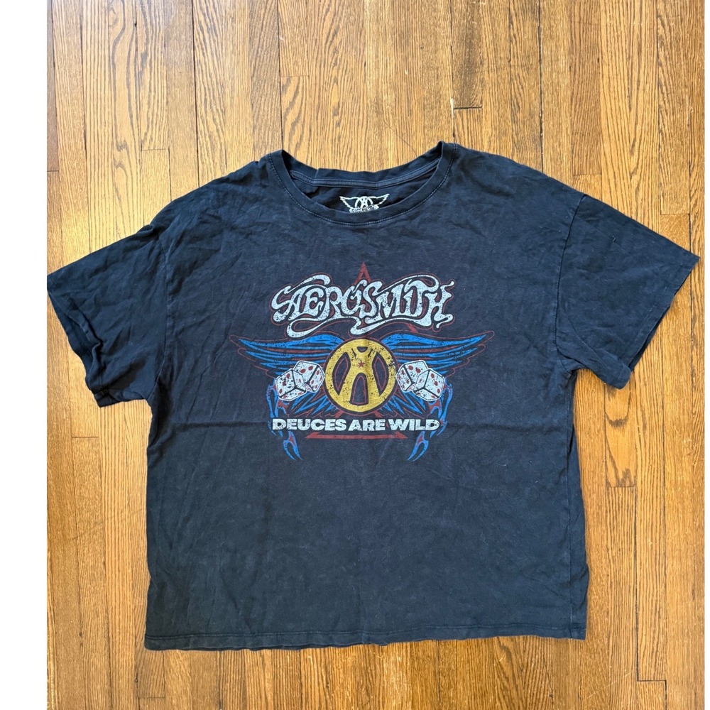 Aerosmith Deuces Are Wild Graphic T-Shirt Black Cotton Band Tee Mens Large
